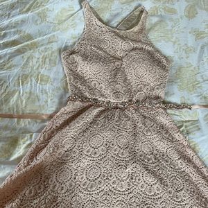 Sz 7 blush pink lace halter dress. The rhinestone belt was added & is removable.